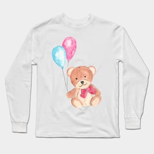 Cute Teddy Bear Watercolor Sweet Balloons Long Sleeve T-Shirt